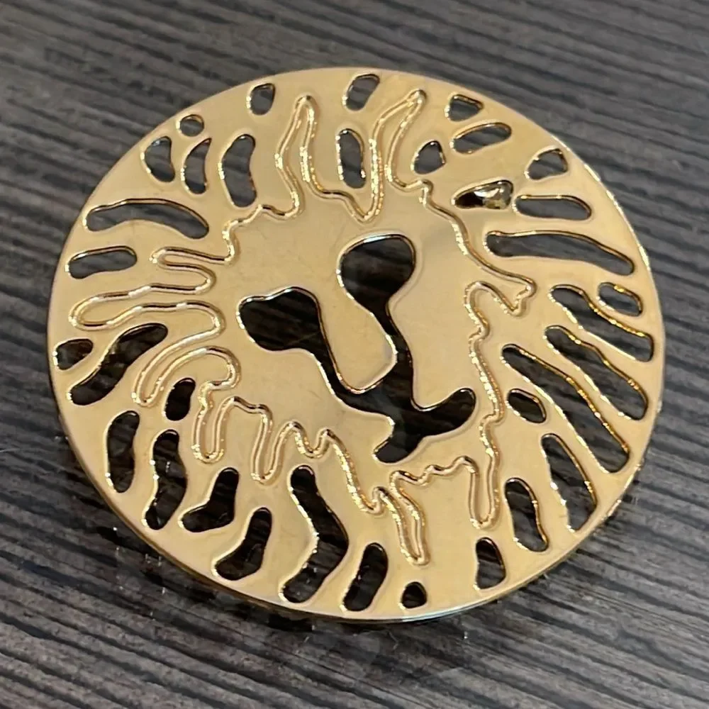 Vintage Anne Klein Gold Tone Round Lion Head Logo Shiny Brooch Pin Designer